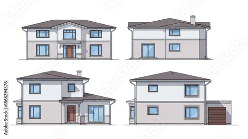 Multiple views of a modern two-story house with varying architectural designs and features