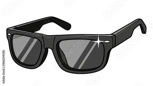 A pair of sunglasses with dark lenses reflecting light, isolated on a white background.