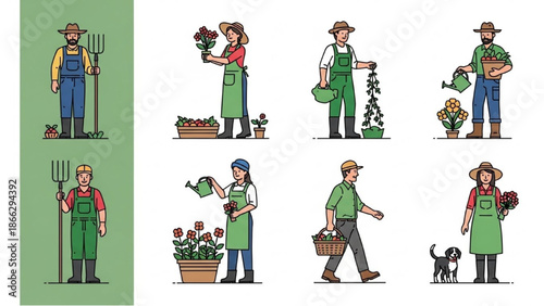 Gardener tending to plants in a lush garden with various gardening tools and a dog nearby