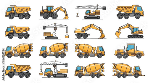 Collection of heavy machinery vehicles and equipment for construction purposes illustrated in a grid layout