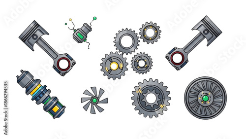 Mechanical components and gears arranged in a circular pattern on a white background