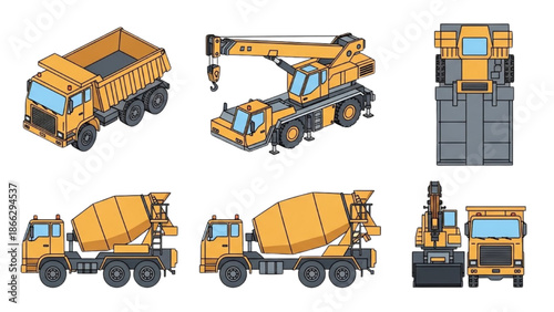 Collection of heavy construction vehicles and equipment illustrated in a graphic style