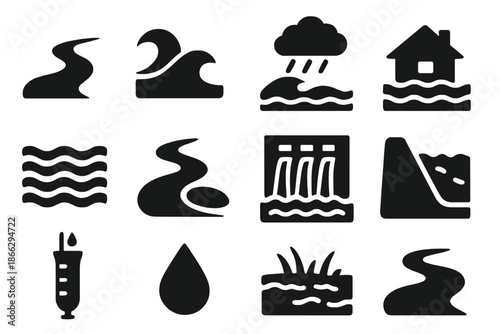 Hydrology Icon Set. Solid style icons of hydrology and flooding evidence: river, tidal surge, storm surge, flooded landscape, sand