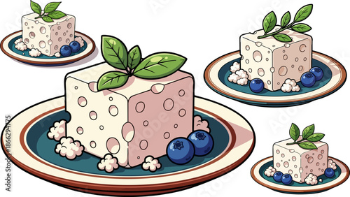 Pixel art cheese with blueberries garnish