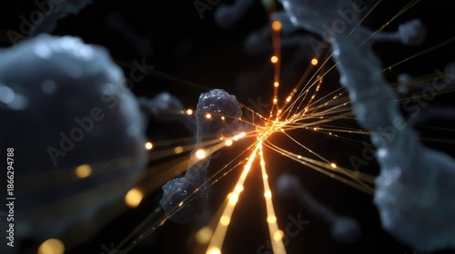 An artistic rendering of a quantumannealing process visualizing particles swirling and colliding within a computer framework guiding the formation of a protein globule with light trails