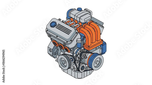 Detailed illustration of a car engine with visible mechanical components and vibrant orange accents