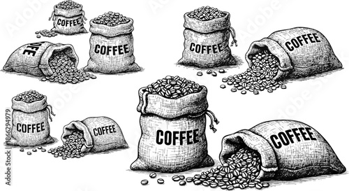 Coffee beans spilling from sacks