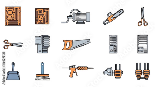 Various industrial tools and equipment illustrated in a grid layout