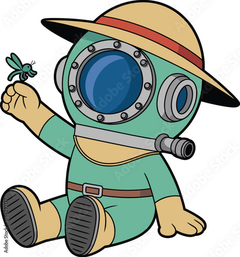 Cartoon explorer in diving helmet, safari hat, green suit, holding insect, whimsical character, playful nature-themed illustration