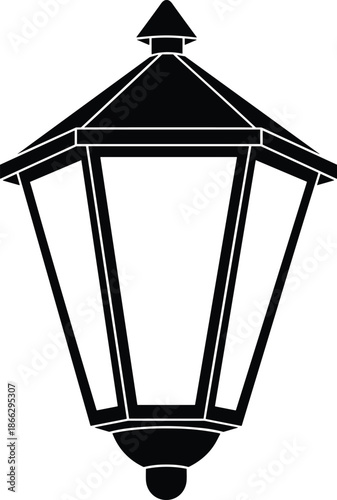 Black Silhouette of a Classic Hexagonal Garden Lantern with Glass Panes and Pointed Cap for Outdoor Lighting and Vintage Street Lamp Decorative Designs