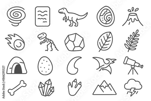 Prehistoric Science Icons. Line style icons of prehistoric science: Cyclone, Tablet, Dinosaur, Fossil, Volcano, Meteor, Skeleton,