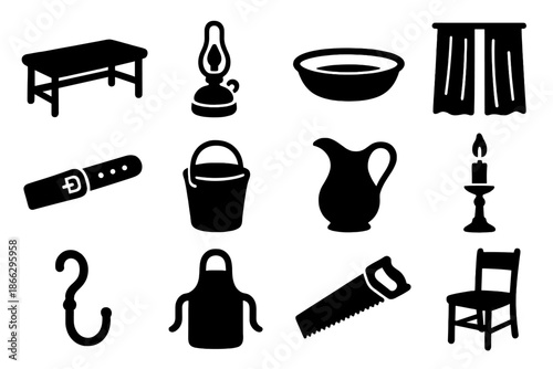 Historic Surgery Tools. Solid style icons of Old Operating Room: Wooden Table, Oil Lamp, Metal Basin, Cloth Drapes, Leather Strap,