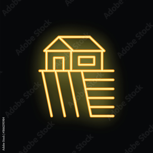 Bright yellow neon glowing house on a cliff icon graphic illustration on a black background
