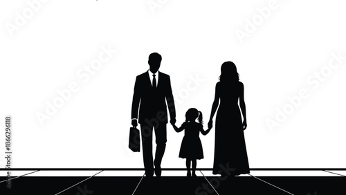 Business family walking together holding child hands, professional parents silhouettes, work life balance concept, black vector illustration isolated on white background