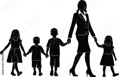 Business mother walking with children silhouette, working mom family care concept, leadership balance parenting, black vector illustration isolated on white background