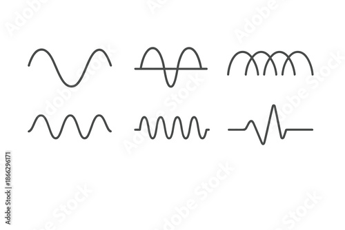 Harmonic Wave Patterns. Line vector icons of harmonic oscillation pattern: smooth wave, symmetric crest, periodic arc, balanced