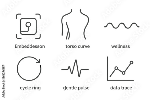 Internal Wellness Icons. Line vector icons of internal wellness tracker: embedded sensor, torso curve, wellness wave, cycle ring,