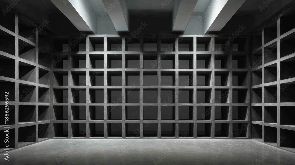 Obraz premium Minimalist concrete interior with geometric grid pattern and modern architectural design