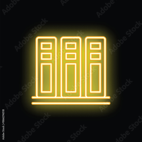 Bright yellow neon sign glowing on a black wall showing three office filing cabinets