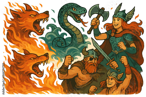 Ragnarok_ Fiery Wolves & Smiling Serpents. Ragnarok prophecy illustrated with fiery wolves, smiling serpents, and gods preparing