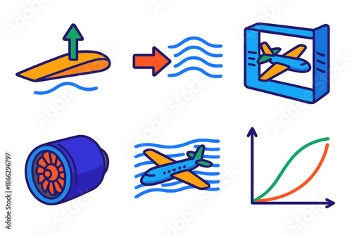 Aerodynamics Illustrated. Isometric vector illustration set Aerodynamics of Flight: airplane wing lift diagram, drag force arrow,