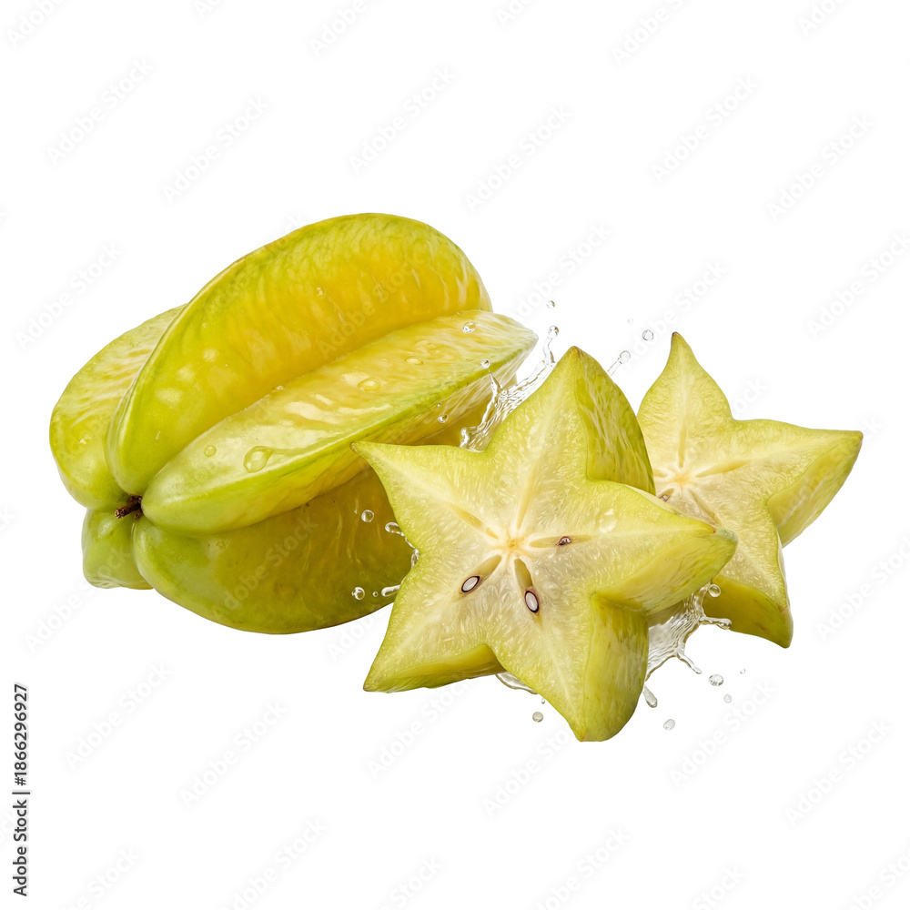 Fototapeta premium Fresh starfruit (carambola) shown whole and sliced, revealing star-shaped translucent flesh with seeds, vibrant green-yellow color, and juicy texture.