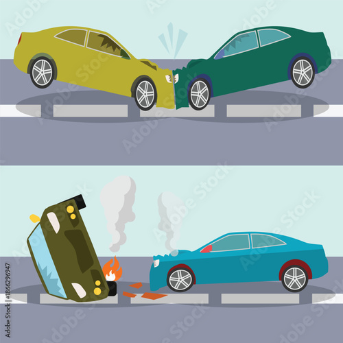 set of vector illustrations of serious car accidents