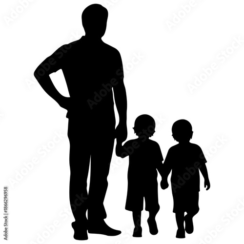 Silhouette of a Father Holding Hands with Two Children.