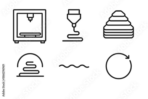 3D Food Printer Icons. Line vector icons of a 3D food printer: printer frame, extrusion nozzle, layered food shape, heating arc,