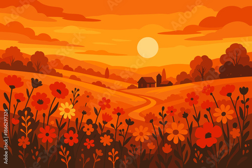 Golden Hour Countryside. Golden hour countryside scene with glowing orange and red tones, vibrant wildflowers in the vector