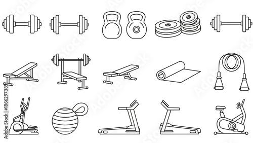 Gym Equipment Line Icon Set