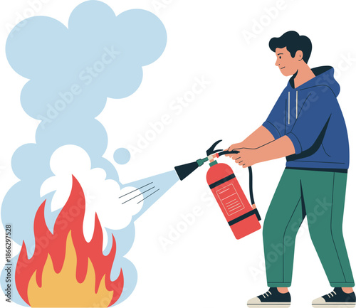 Man using fire extinguisher to put out small flame for emergency safety and fire prevention concept vector