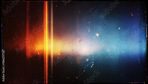 Abstract color field with light streaks and gradients, in vintage style with film grain