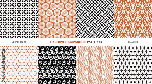 Seamless vector patterns with Halloween Japanese geometric shapes, traditional oriental motifs, chrysanthemum flowers, waves, cubes, circles in black, white, orange color scheme for decoration design