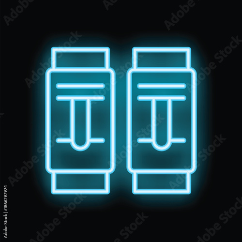 Neon glowing icon of two electrical fuse boxes with fuses on a black background