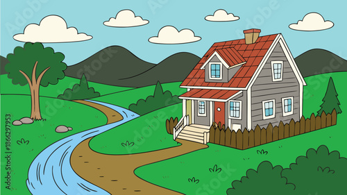 A colorful cartoon house illustration featuring a red roof and grey siding, set in a peaceful countryside landscape with rolling hills Vector