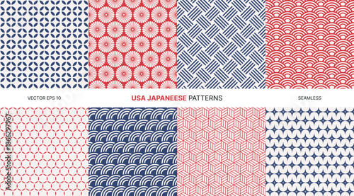 USA Japanese seamless vector patterns collection traditional geometric shapes, scales, flowers, waves, lattice, circles in red, blue, white colors textile, wallpaper, wrapping, decoration, graphic