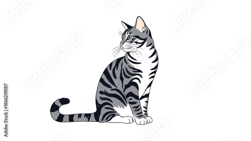 Detailed illustration of a sitting grey tabby cat with black stripes looking back over its shoulder against a white background.