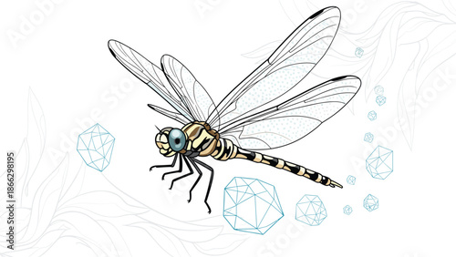 Artistic illustration of a detailed dragonfly in flight surrounded by abstract geometric diamond shapes on a light background.