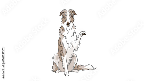 Elegant illustration of a long-haired Borzoi dog sitting and waving its paw with a calm and gentle expression on its face.