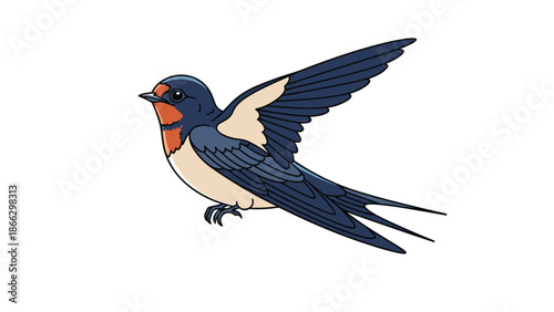 Vibrant illustration of a barn swallow bird in mid-flight showing its dark blue wings and distinctive orange throat on white.