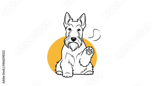 Stylized illustration of a black Scottish Terrier dog sitting and waving its paw with a bright yellow circle in the background.