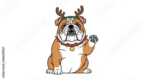 Festive illustration of an English Bulldog wearing reindeer antlers and a studded collar waving its paw on a white background.