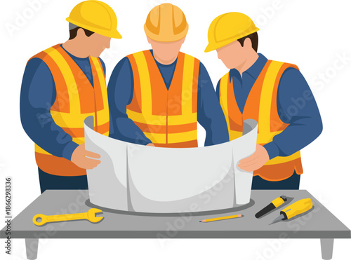 Group of professional construction workers in safety vests and hard hats reviewing architectural blueprints vector