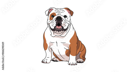 Sturdy English Bulldog character sits patiently with a friendly expression in this charming digital animal illustration.