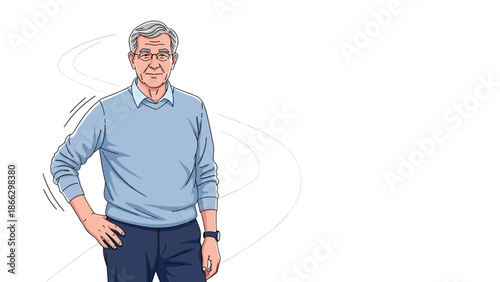 Senior man with grey hair wearing glasses and a blue sweater stands confidently with his hand on his hip in this graphic.