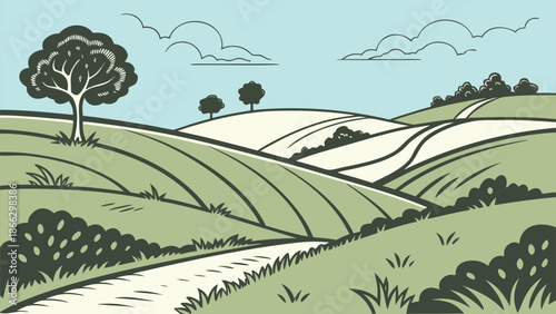 Stylized illustration of a tranquil countryside landscape with rolling green hills and a winding dirt road Vector