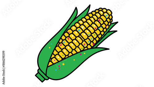 Creative illustration of a fresh ear of corn decorated with colorful festive sprinkles against a clean white background.