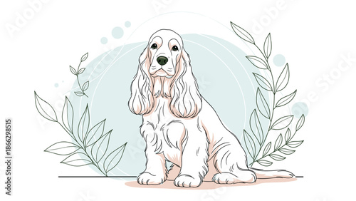 Beautiful Cocker Spaniel dog with long ears sits gracefully framed by delicate green leaves and soft blue circles.