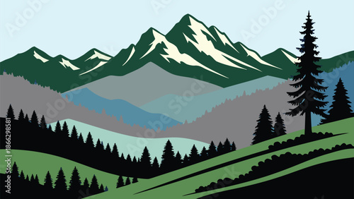 A beautiful layered mountain landscape illustration depicting a serene view of pine trees and snow-capped peaks Vector